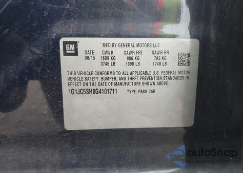 2016 Chevrolet Sonic Lt Auto from USA, damaged, VIN 1G1JC5SH0G4101711